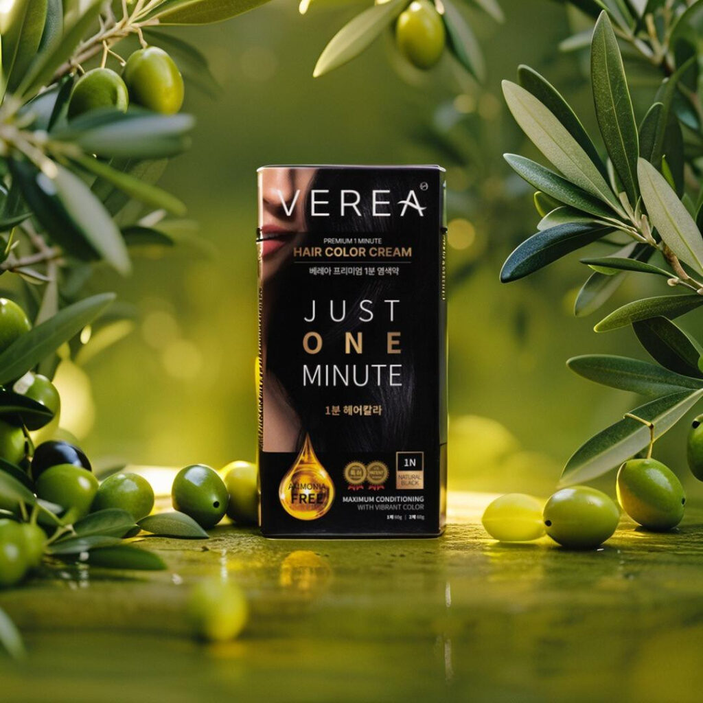 VEREA 1 minute hair color cream styled with olive leaves
