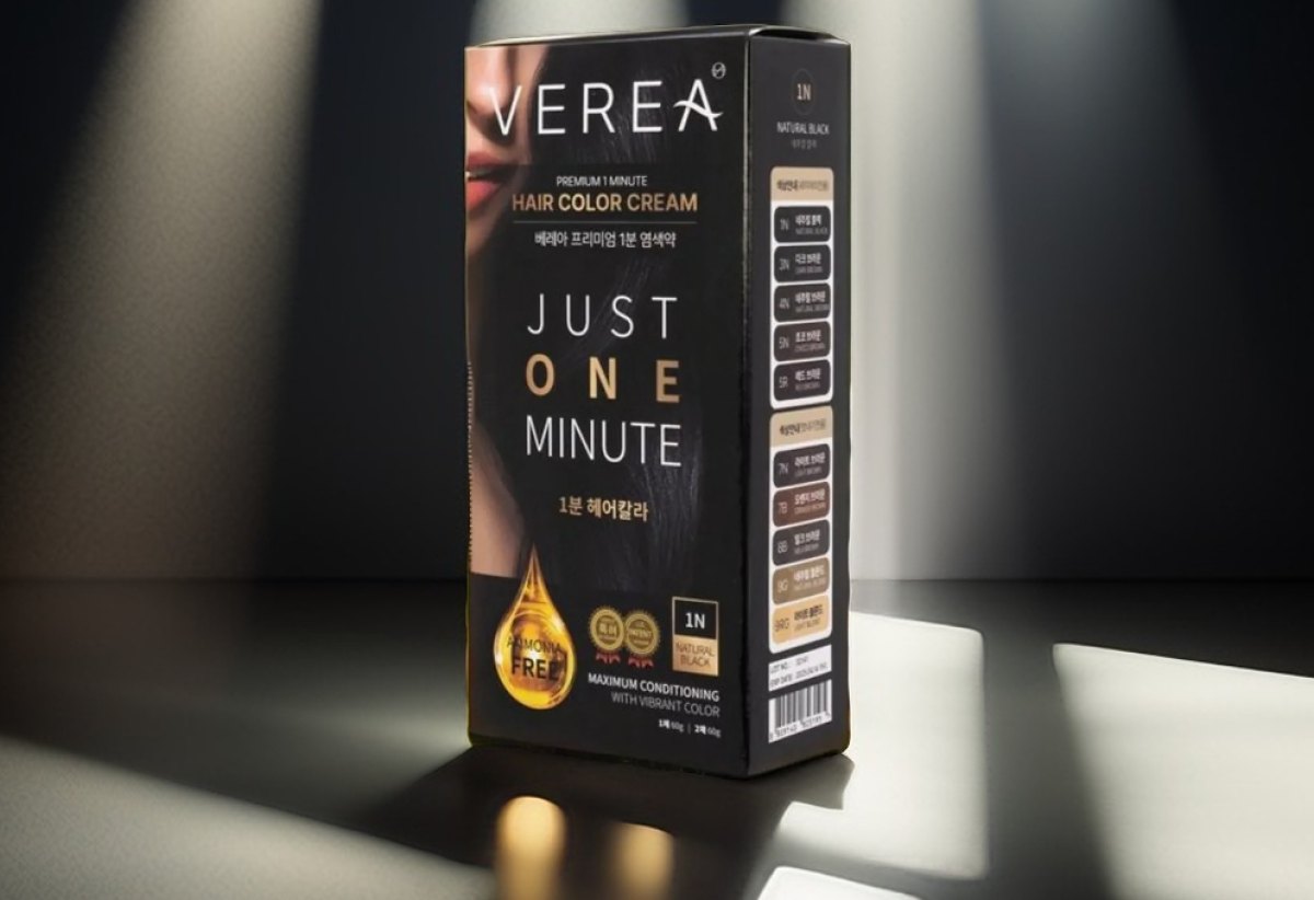 VEREA 1 minute hair color cream package lit against a dark background