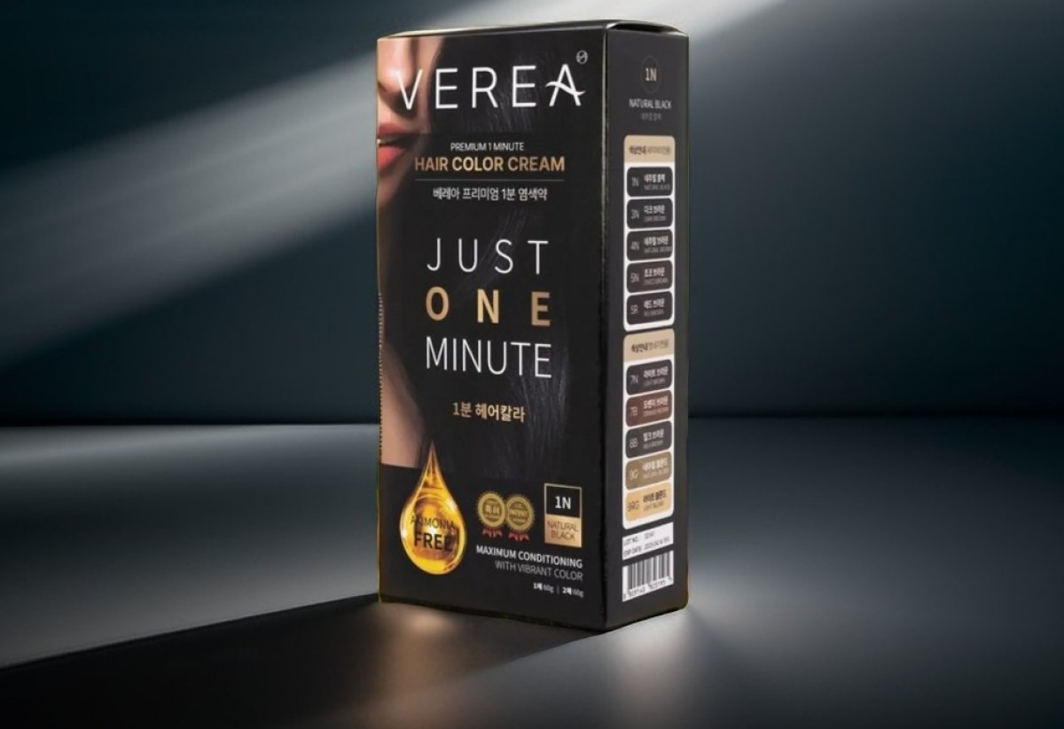 VEREA Premium 1 Minute Hair Color Cream package under a spotlight