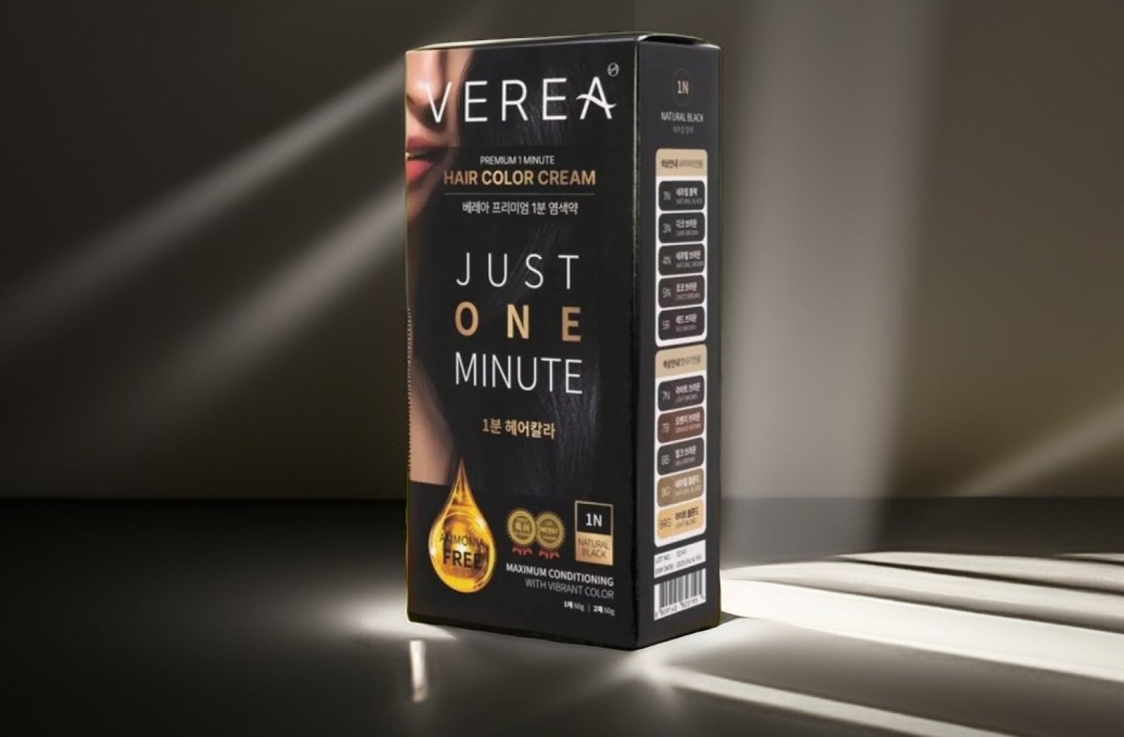 VEREA Premium 1 Minute Hair Color Cream package in 1N Natural Black, lit on a dark stage